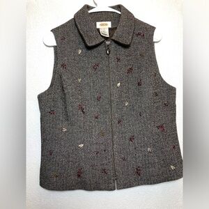 Talbots Gray Herringbone Vest with Red Embroidery